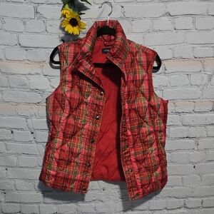 Lands' End Red Plaid Puffy Vest Sz S